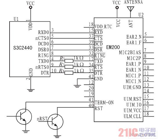 华为EM200 CDMA1X模块与S3C2440A连接图
