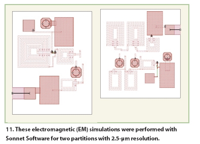 图11：采用Sonnet软件竞相电磁仿真时采用的版图，电路被分成两块，分析每块采用的分辨率为2.5μm。