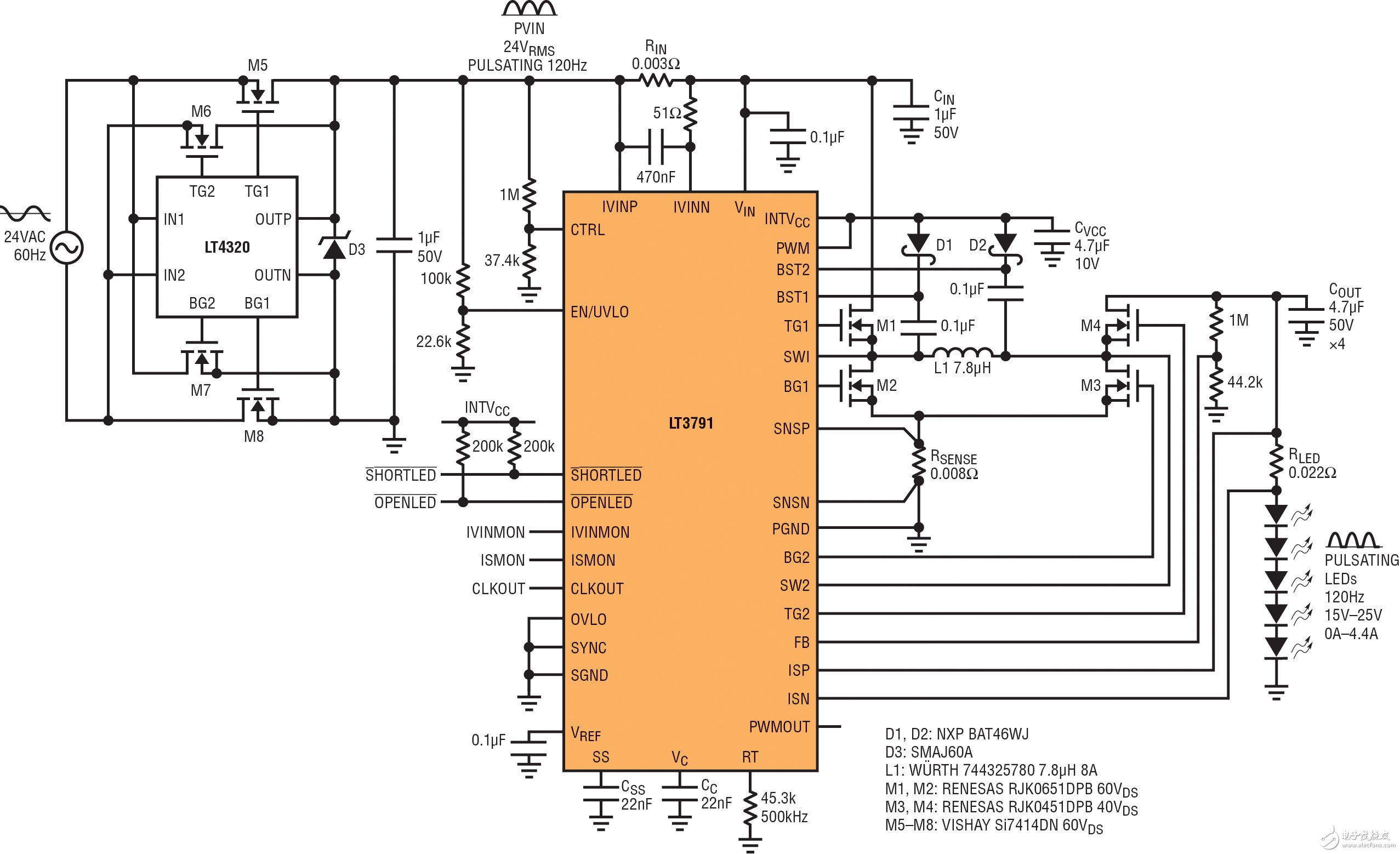 图 1:24VAC至60W LED驱动器 (等效于600W卤素灯) 具有高功率因数和高效率