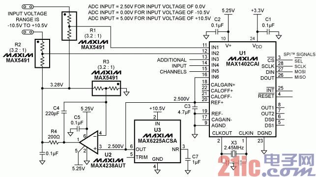点击放大图片 图1. 本电路使输入范围为0V至5V (单端或差分)的ADC能够处理±10.5V的输入范围。