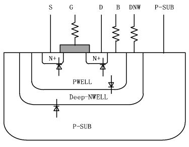 图2 （a）深N阱NMOS晶体管截面图