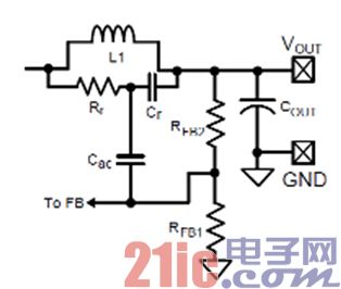 图 3. 最小输出纹波的纹波注入电路 增加纹波注入电路之后，COT 模式环路稳定判定条件如下[1]：