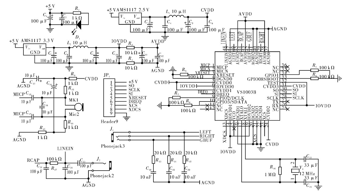 图4 VS1003 外围硬件电路